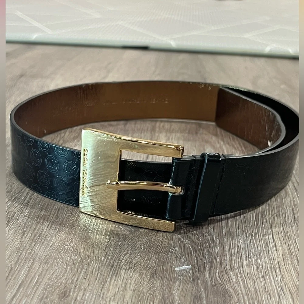 Michael Kors Brass Buckle Black Leather Monogram MK Logo Everywhere Belt Small